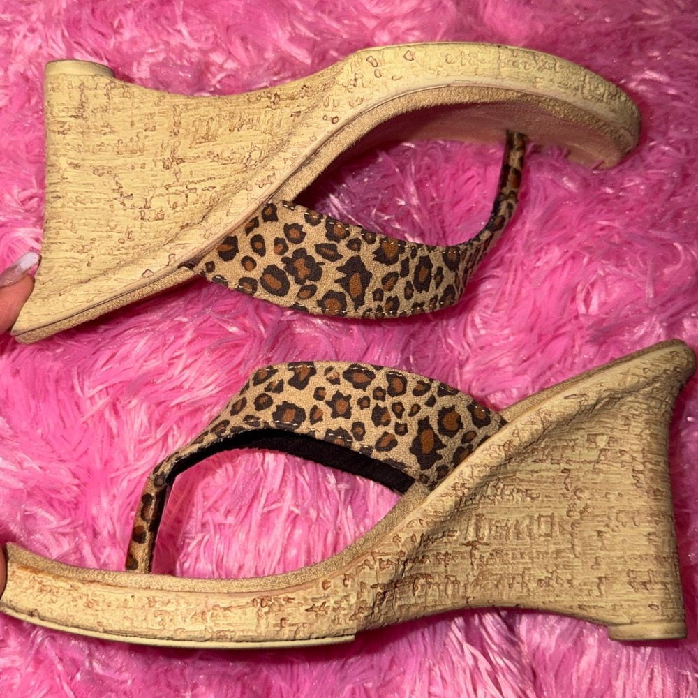 Groove Leopard Print Wedge Sandals Thong Platform Cork Heel Y2K Retro